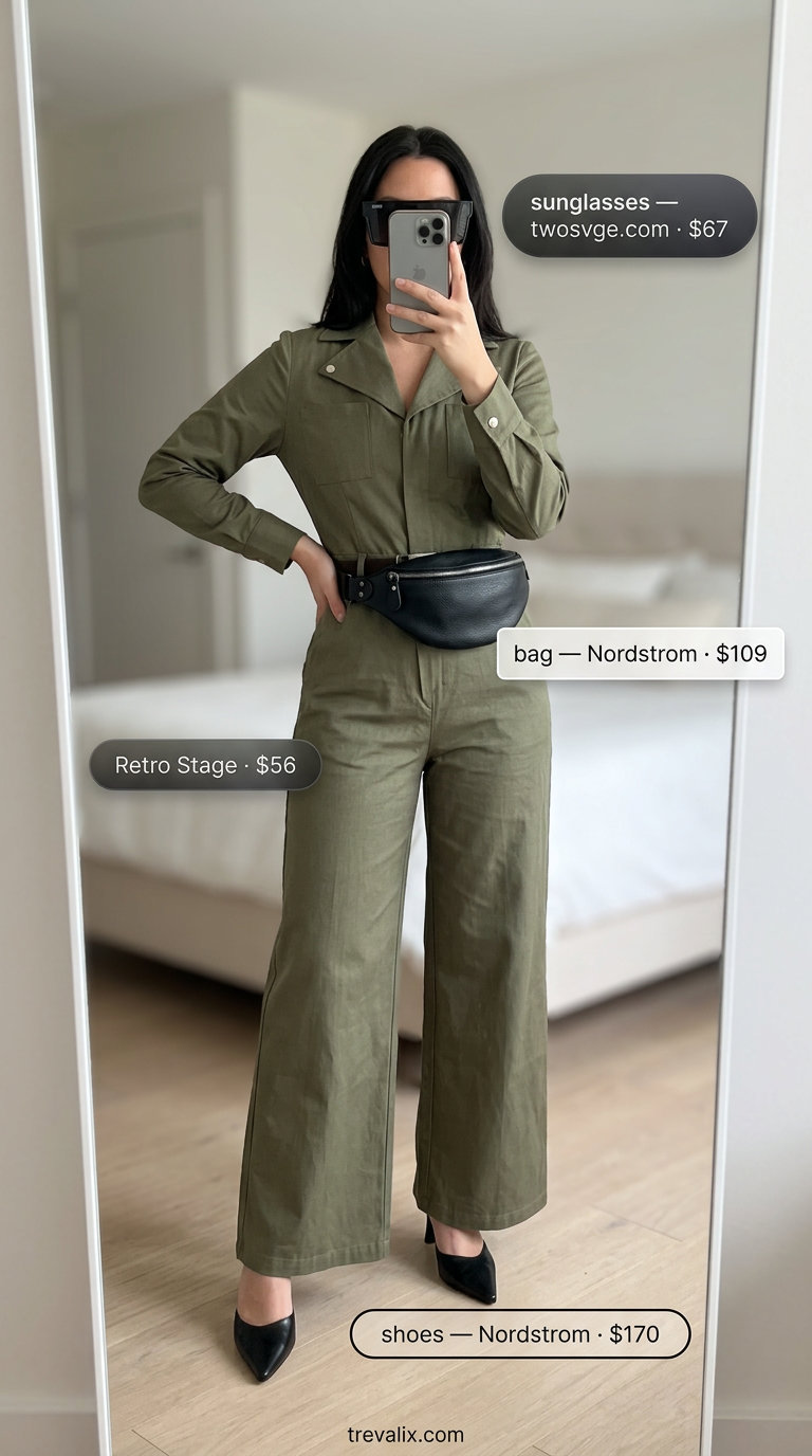Floral Summer Blouses 2026: Utility Jumpsuit Modern utility outfit with an olive floral print jumpsuit, black mules, and a belt bag.