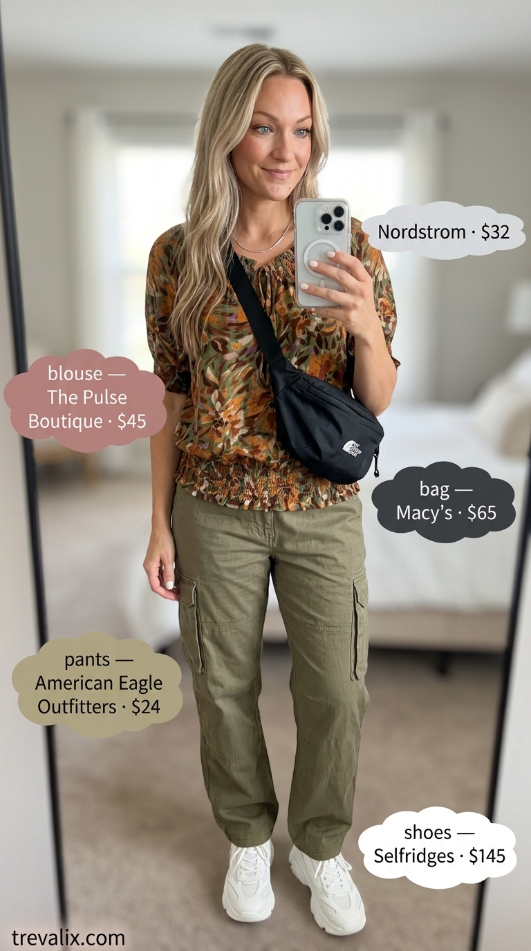 Floral Summer Blouses 2026: Weekend Wanderer Outfit Casual weekend outfit with a green and brown floral summer blouse, khaki cargo pants, and white sneakers.