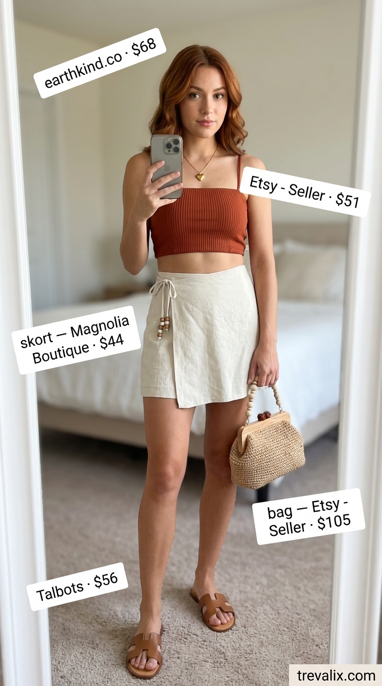 Hot Mini Skirt Outfits Summer 2026: Vacation Style Hot mini skirt outfits summer 2026: Cream linen wrap skirt, terracotta knit top, flat sandals for vacation.