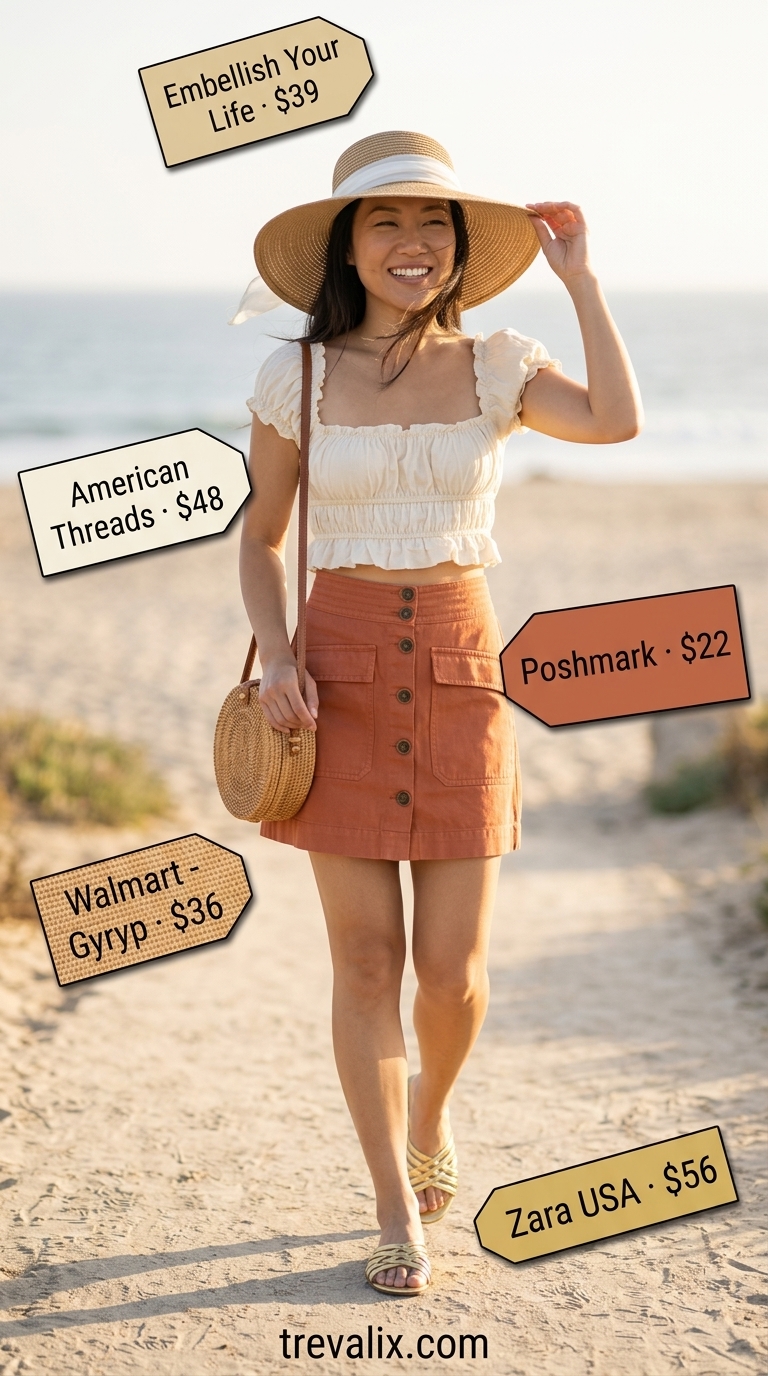 Boho Mini Skirt Outfits Summer 2026 Hot mini skirt outfits summer 2026: Terracotta linen mini skirt with cream puff sleeve top and straw hat for a relaxed vacation vibe.