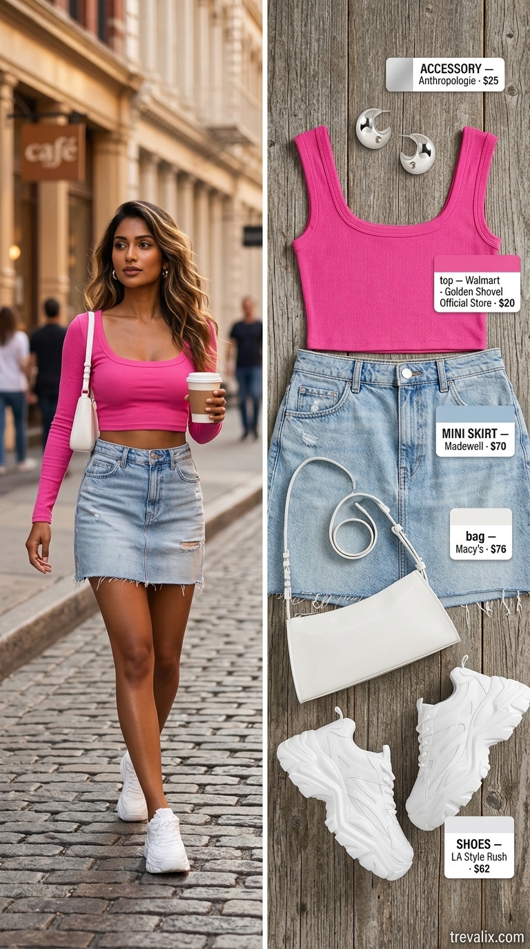 Hot Mini Skirt Outfits Summer 2026: Downtown Chic Playful day out: denim mini skirt, hot pink crop top, white sneakers, silver hoops. Hot mini skirt outfits summer 2026.