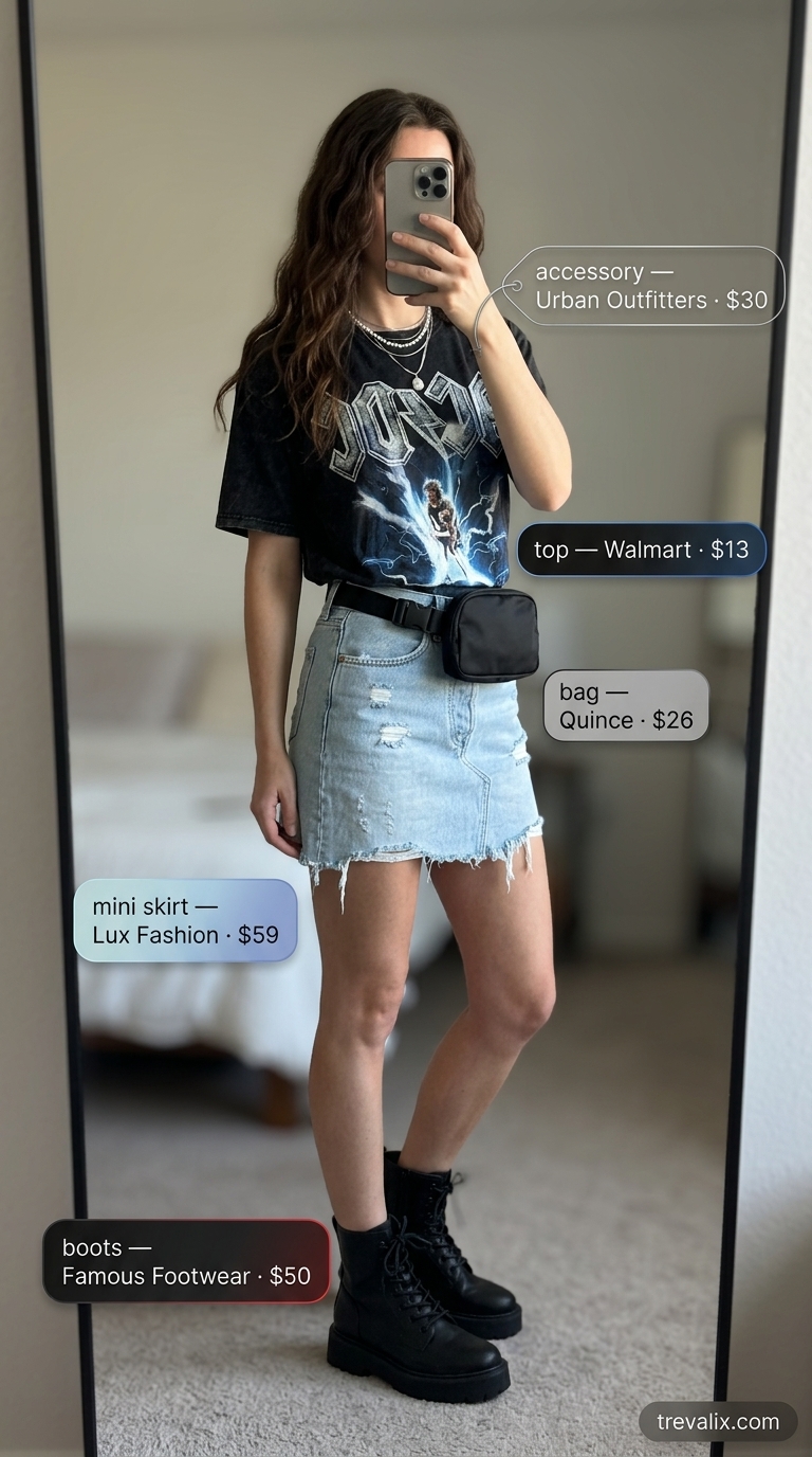 Hot Mini Skirt Outfits Summer 2026: Urban Casual Style Hot mini skirt outfits summer 2026: Distressed denim mini skirt, band tee, combat boots for city exploration.