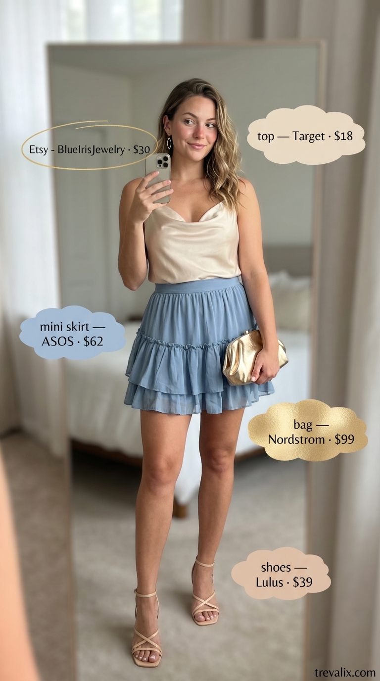 Hot Mini Skirt Outfits Summer 2026: Enchanted Evening Romantic evening look: dusty blue ruffle mini skirt, champagne satin cami, gold earrings. Hot mini skirt outfits summer 2026.