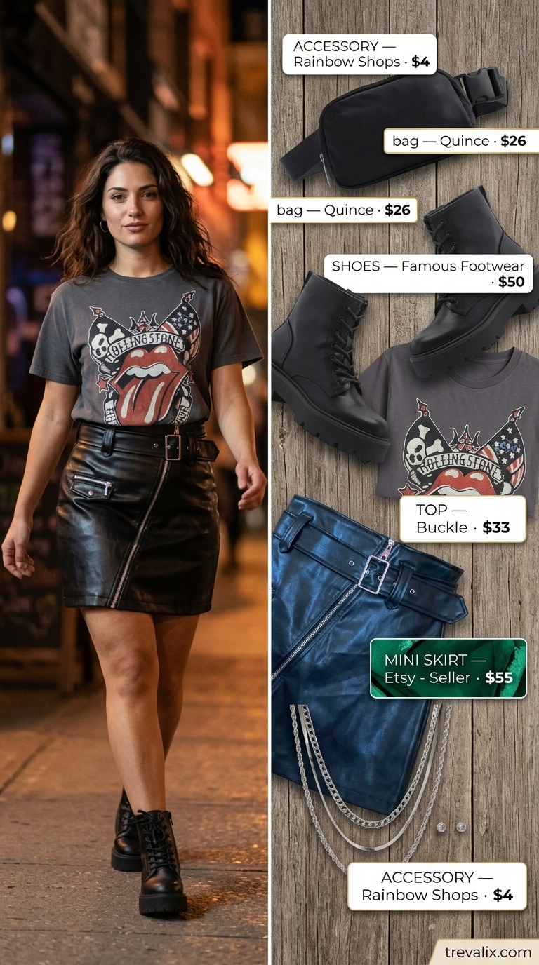 Hot Mini Skirt Outfits Summer 2026: Festival Edge Edgy festival outfit: black faux leather mini skirt, band tee, combat boots, silver jewelry. Hot mini skirt outfits summer 2026.