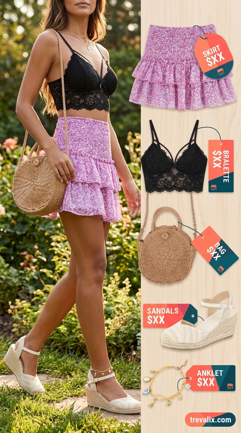 Feminine Mini Skirt Outfits Summer 2026 Hot mini skirt outfits summer 2026: Pastel floral mini skirt with white lace bralette and espadrille wedges for a garden party.