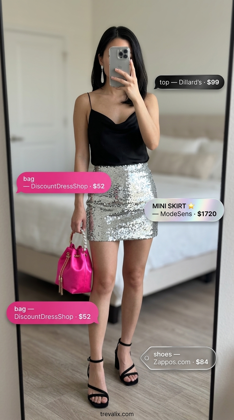 Glamorous Mini Skirt Outfits Summer 2026 Hot mini skirt outfits summer 2026: Silver sequin mini skirt with black cowl neck camisole and strappy heels for a glamorous night out.