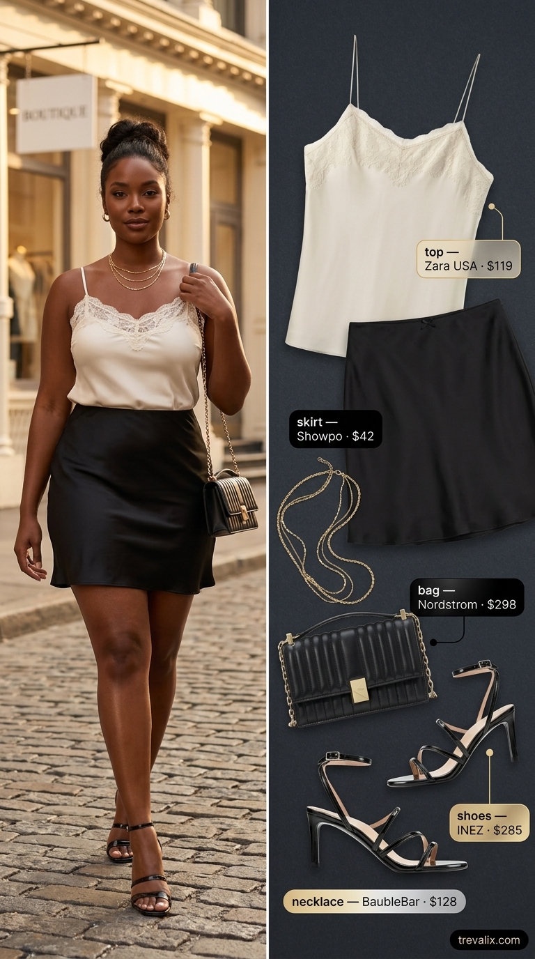 Hot Mini Skirt Outfits Summer 2026: Midnight Rendezvous Elegant date night: black satin mini skirt, cream lace cami, gold necklaces, stiletto sandals. Hot mini skirt outfits summer 2026.