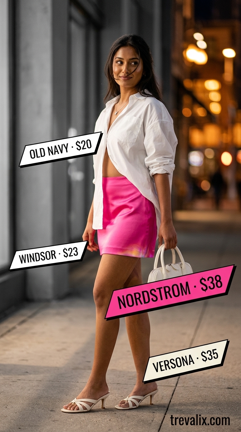 Hot Mini Skirt Outfits Summer 2026: Chic Evening Style Hot mini skirt outfits summer 2026: Hot pink satin skirt, oversized white shirt, kitten heels for art gallery.