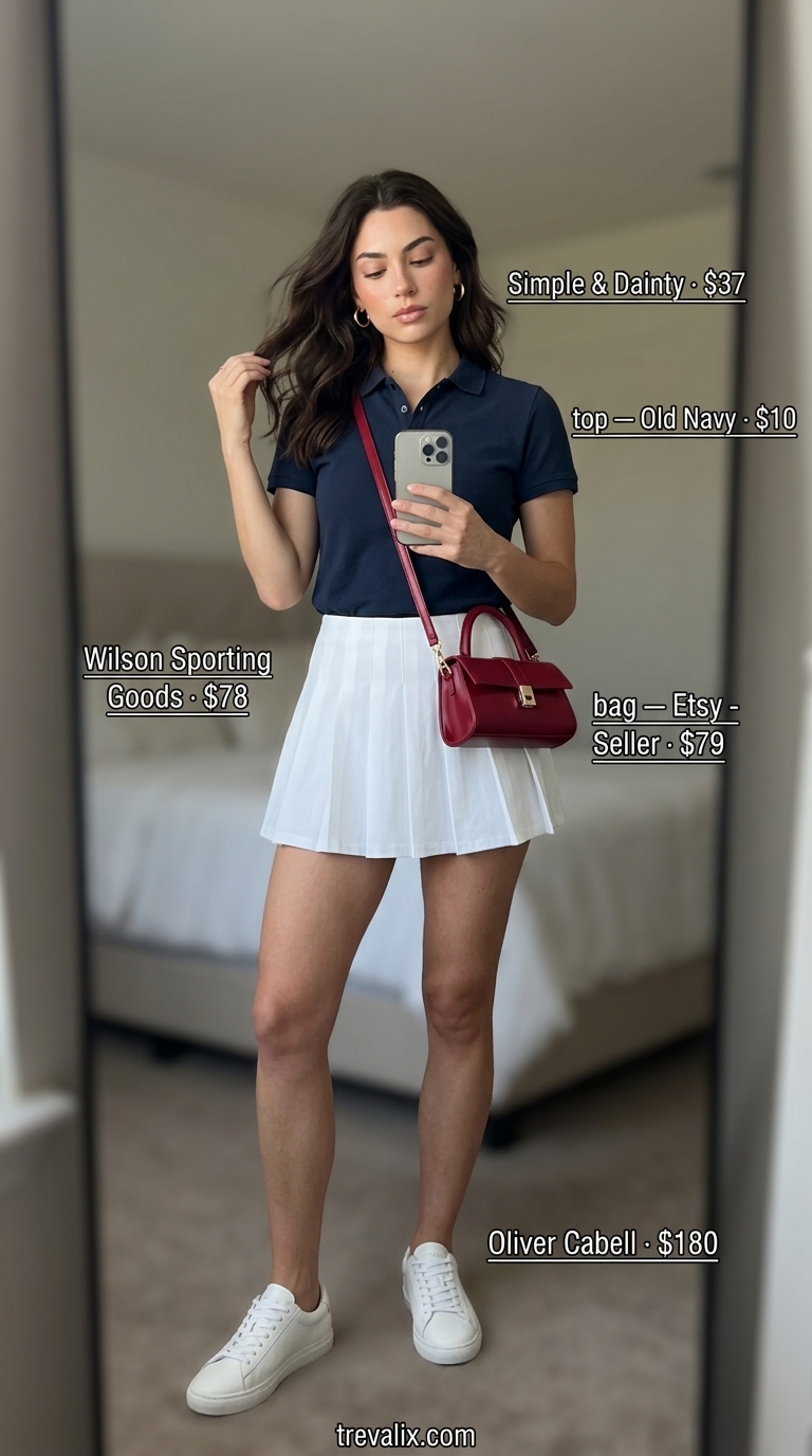Preppy Mini Skirt Outfits Summer 2026 Hot mini skirt outfits summer 2026: White tennis mini skirt with navy polo shirt and red crossbody bag for a preppy sporty look.