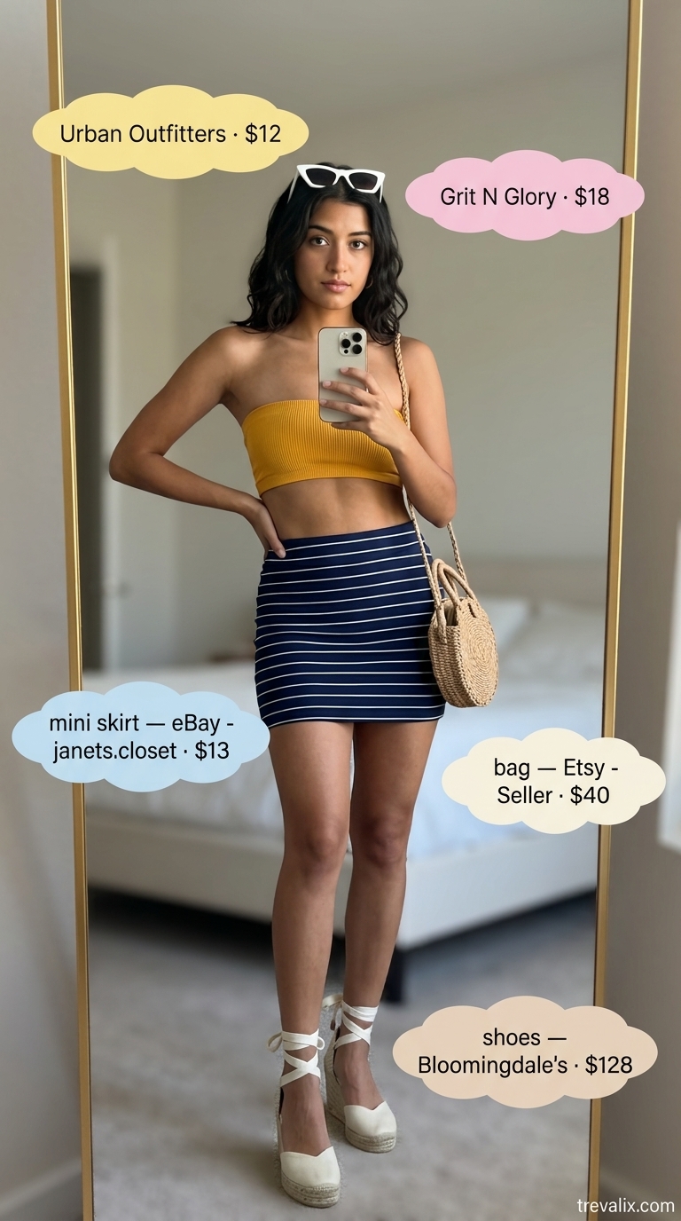 Retro Mini Skirt Outfits Summer 2026 Hot mini skirt outfits summer 2026: Navy striped knit mini skirt with yellow bandeau top and straw bag for retro pool party style.