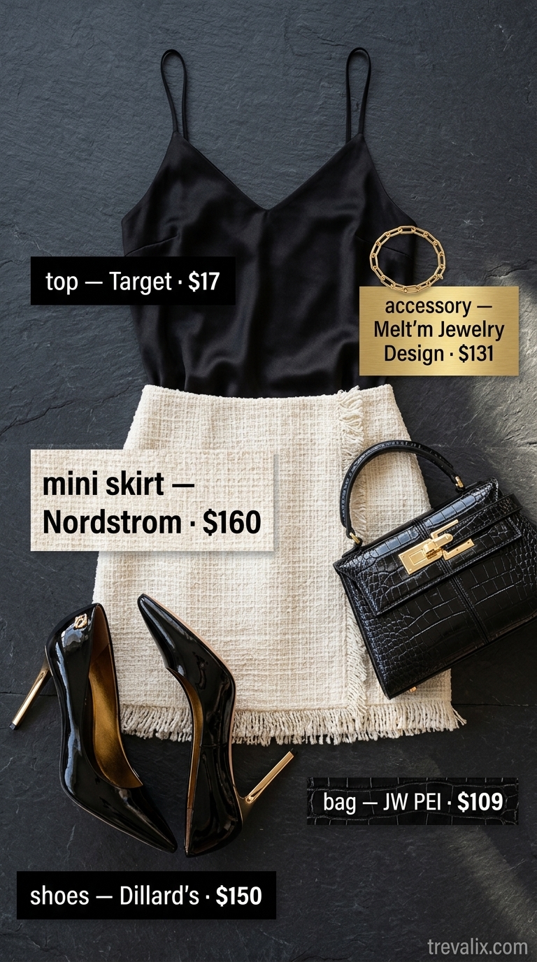 Hot Mini Skirt Outfits Summer 2026: Sophisticated Soirée Chic evening event: ecru tweed mini skirt, black silk cami, patent pumps, gold bracelet. Hot mini skirt outfits summer 2026.
