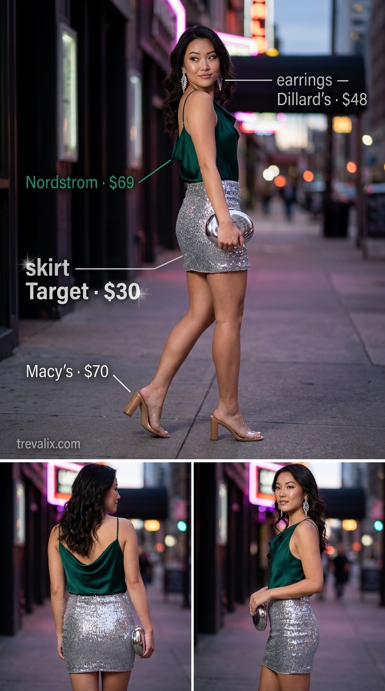 Glamorous party outfit: silver sequin mini skirt, emerald green satin cami, PVC heels. Hot mini skirt outfits summer 2026.