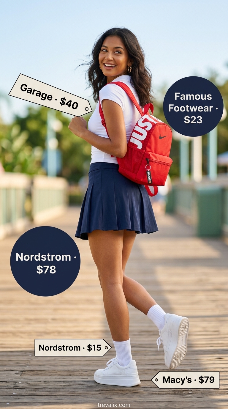 Sporty Mini Skirt Outfits Summer 2026 Hot mini skirt outfits summer 2026: Navy pleated tennis mini skirt with a white cropped polo and red backpack for a sporty vibe.
