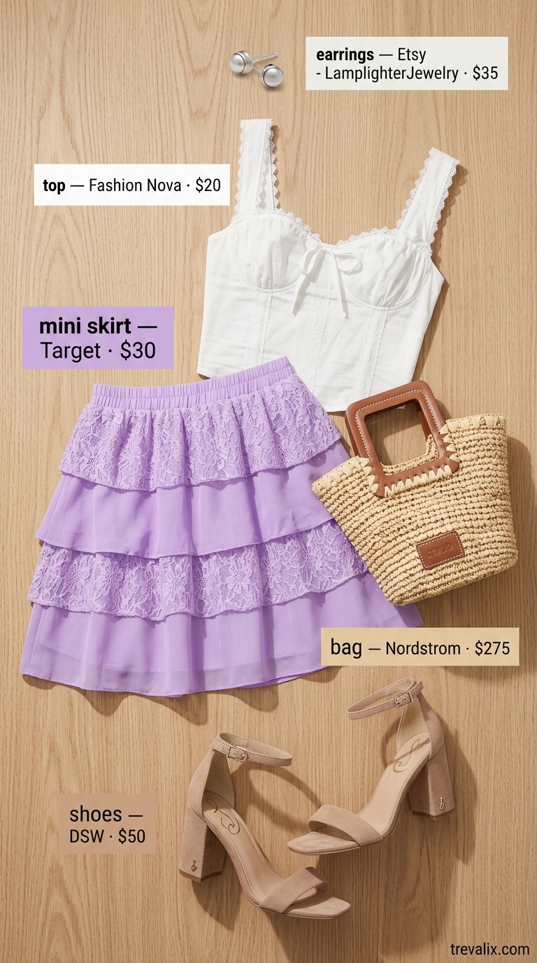 Hot Mini Skirt Outfits Summer 2026: Sweet Summer Bloom Romantic garden party: lavender tiered mini skirt, white lace top, straw bag, block heels. Hot mini skirt outfits summer 2026.