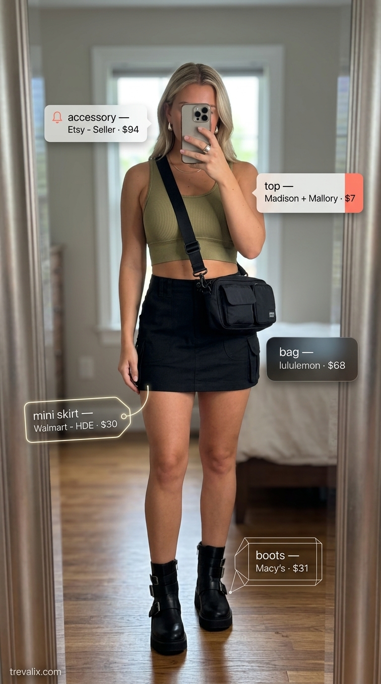 Hot Mini Skirt Outfits Summer 2026: Utility Chic Cool utility style: black cargo mini skirt, olive crop top, ankle boots, crossbody bag. Hot mini skirt outfits summer 2026.