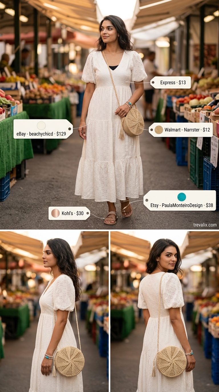 Hot summer cotton outfits for women 2026: Ivory cotton eyelet maxi dress, straw hat, braided sandals for bohemian vibes.