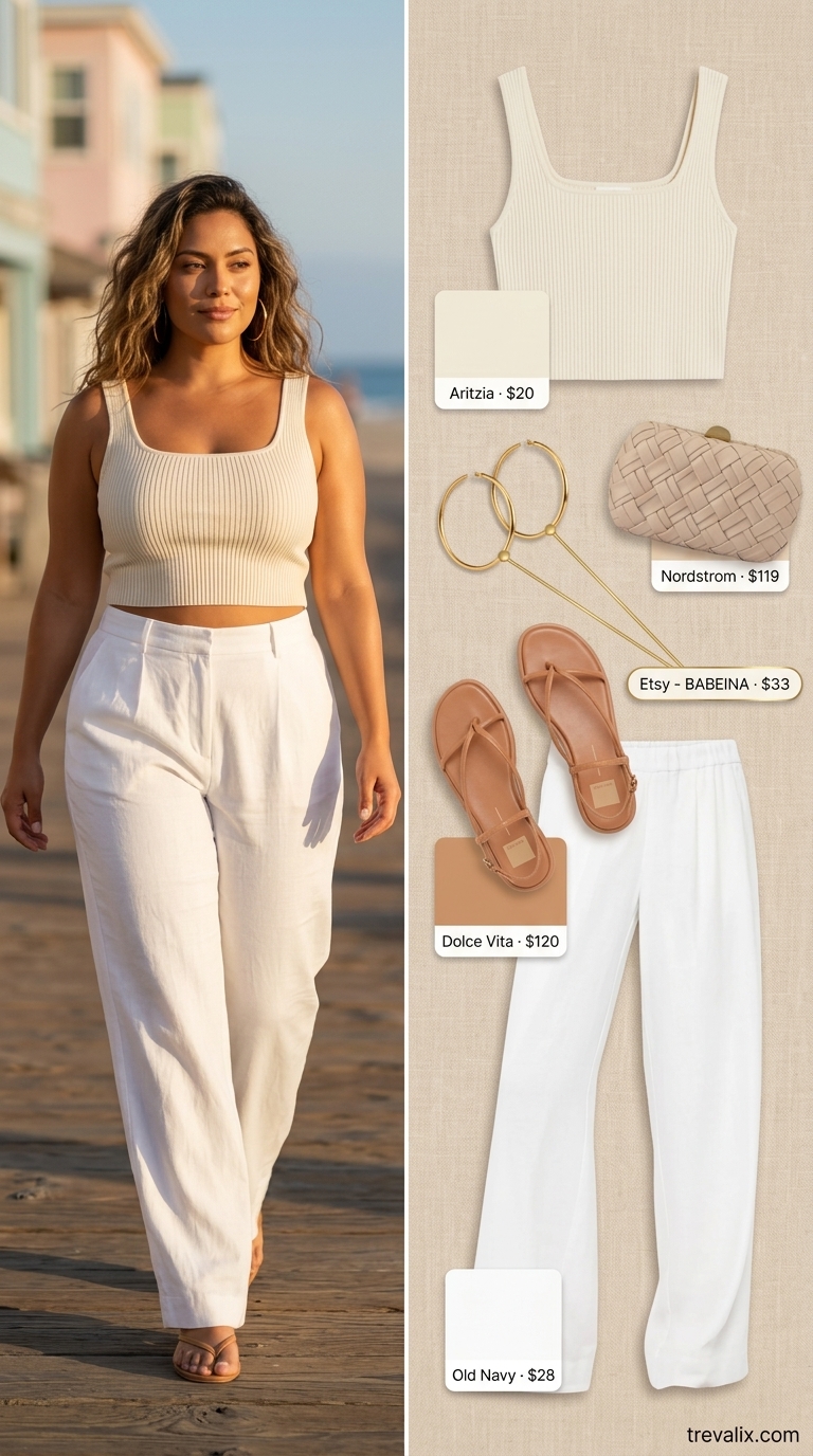 Hot summer cotton outfits for women 2026: White cotton wide-leg pants, ribbed tank top, straw bag for coastal evening.