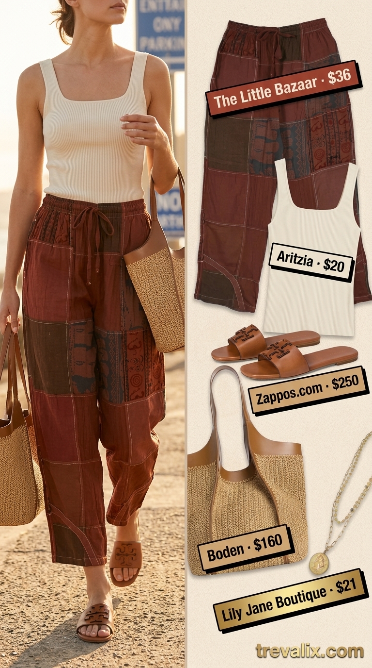 Hot summer cotton outfits for women 2026: Terracotta cotton pants, cream tank, straw tote for coastal comfort.