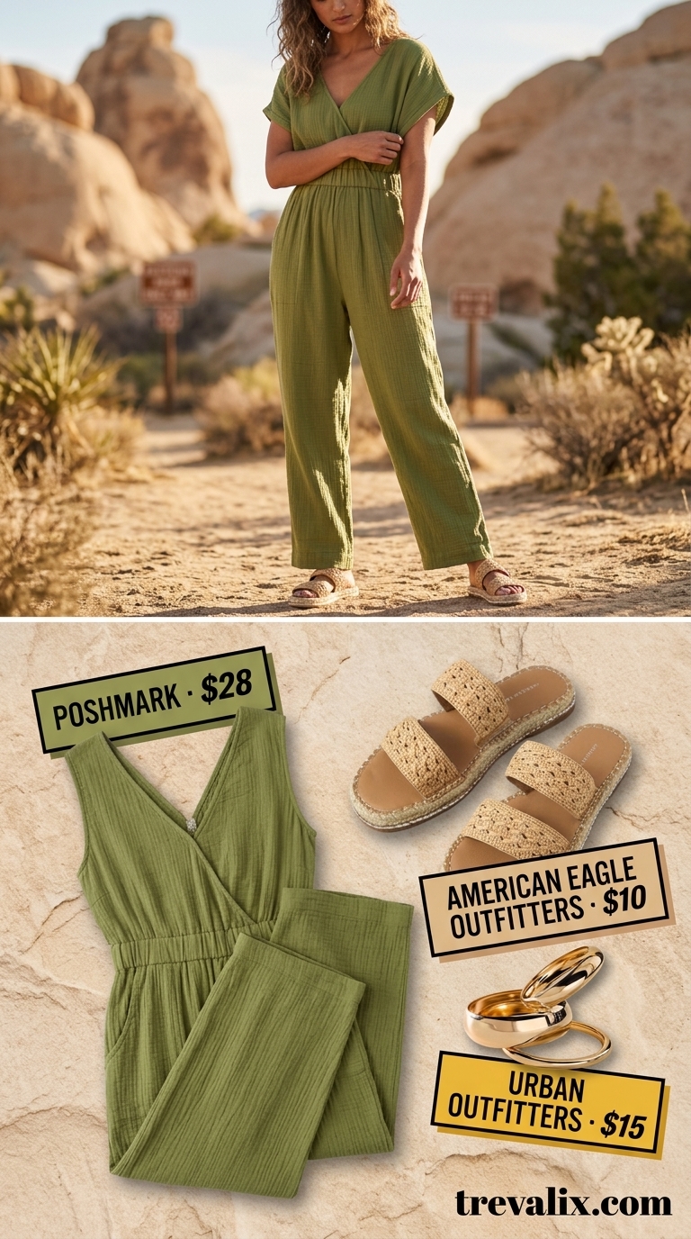 Hot summer cotton outfits for women 2026: Olive green cotton gauze utility jumpsuit, raffia sandals, straw hat for vacation.