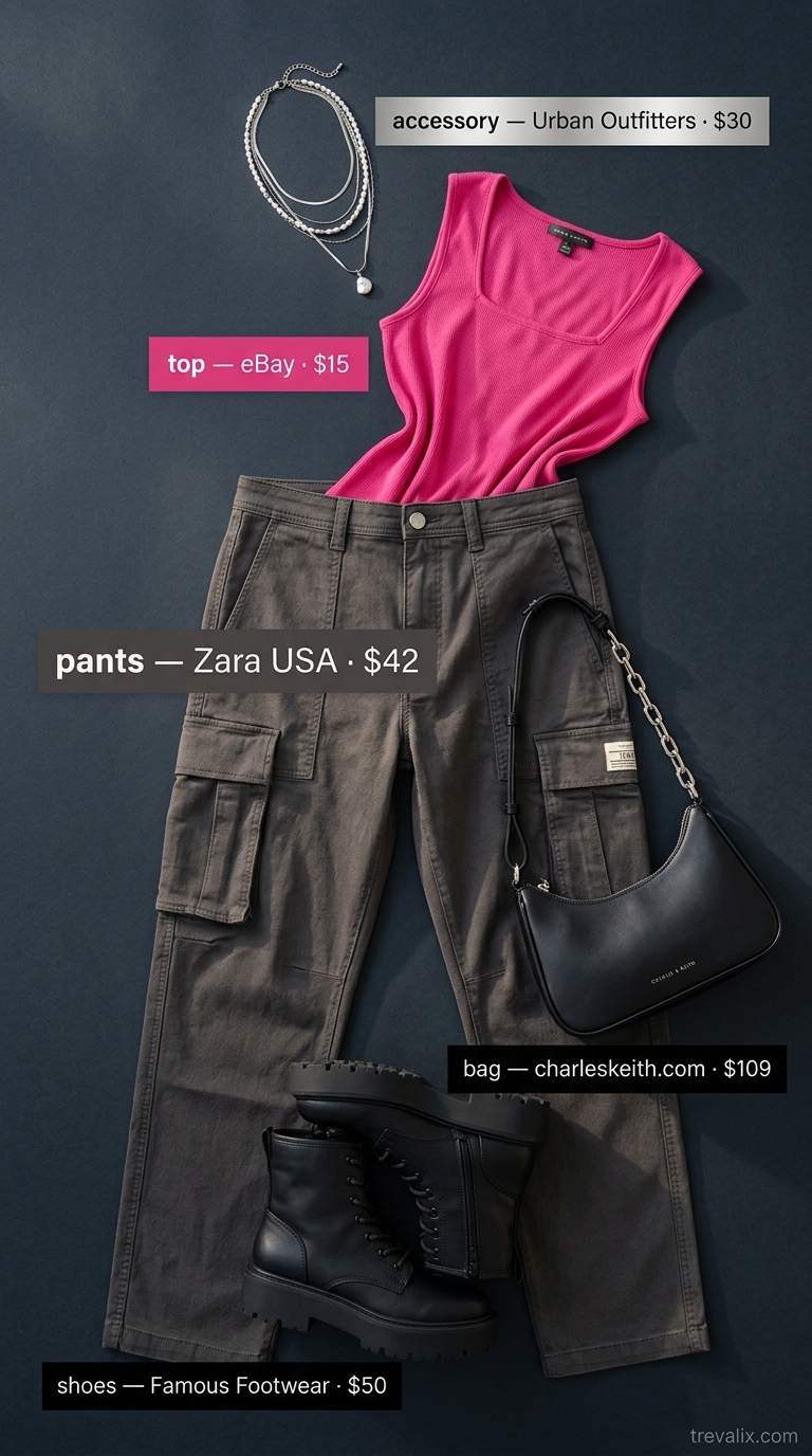 Hot summer cotton outfits for women 2026: Charcoal cotton cargo pants, hot pink tank, platform boots for edgy street style.