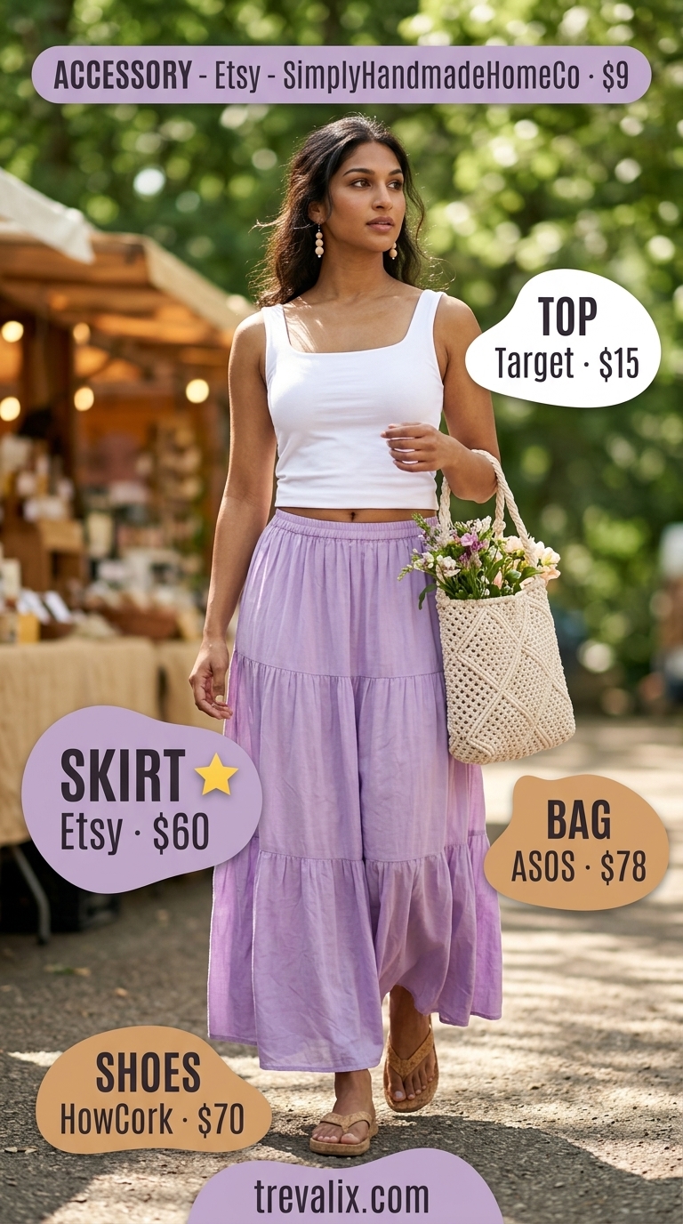 Hot summer cotton outfits for women 2026: Lilac cotton maxi skirt, white tank, cork sandals for farmers market.