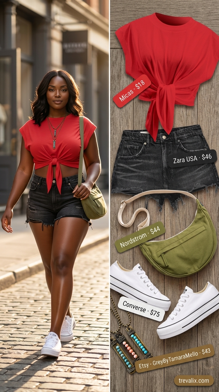 Hot summer cotton outfits for women 2026: Black denim shorts, hot pink crop top, combat boots for festival.
