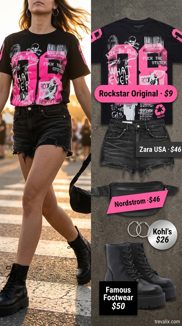 Hot summer cotton outfits for women 2026: Washed black graphic tee, pink shorts, combat boots for music festivals.