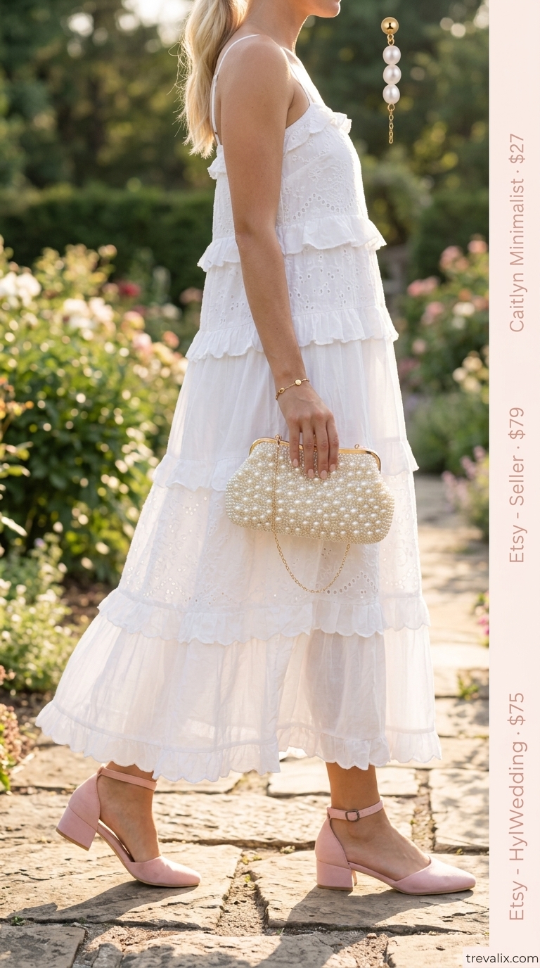 Hot summer cotton outfits for women 2026: White cotton eyelet maxi dress, blush sandals, pearl earrings for garden party.