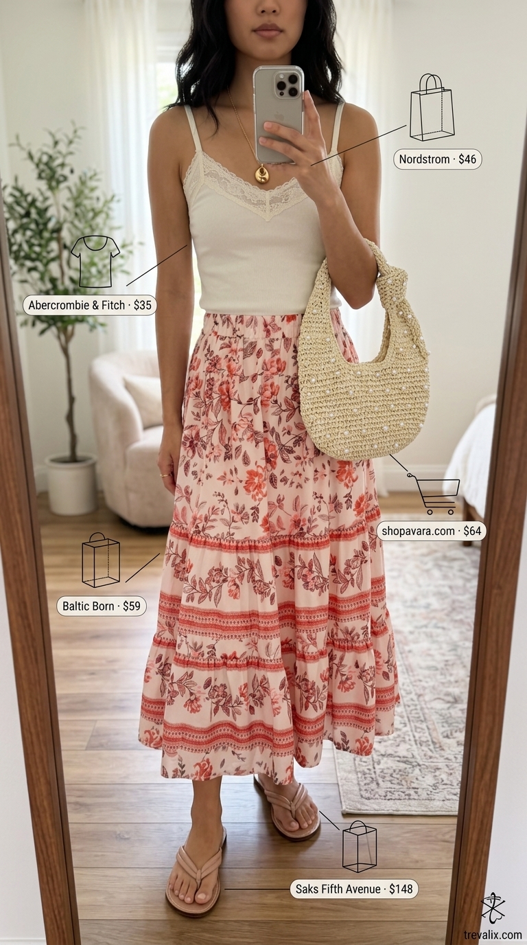 Hot summer cotton outfits for women 2026: Feminine floral midi skirt, lace camisole, straw bag for garden party brunch.