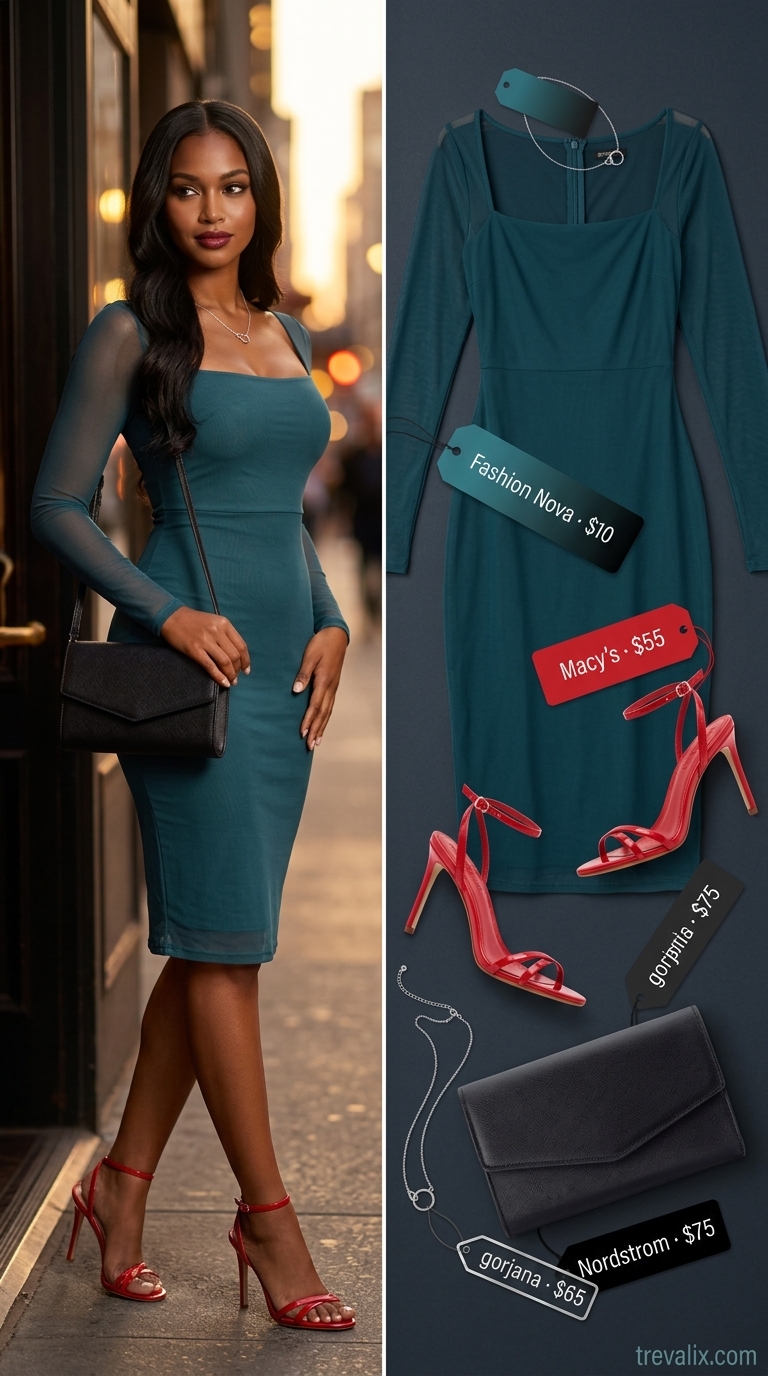 Hot summer cotton outfits for women 2026: Deep teal cotton jersey midi dress, red heels, black clutch for date night.
