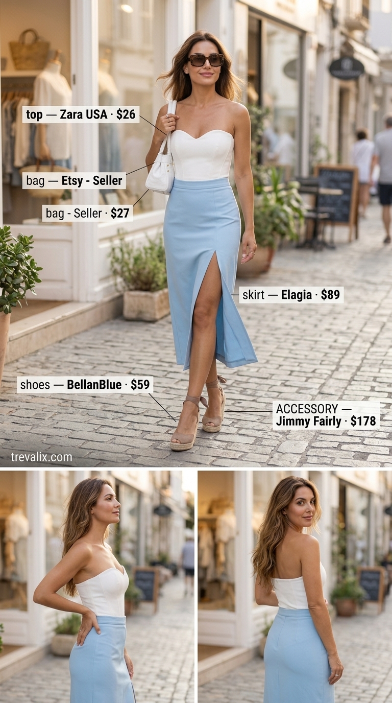 Hot summer cotton outfits for women 2026: Sky blue cotton midi skirt, white crop top, espadrilles for Riviera vacation style.