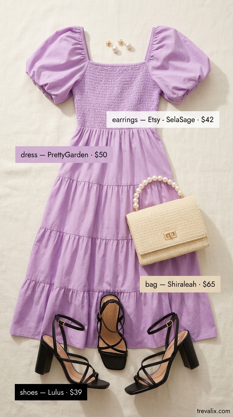 Hot summer cotton outfits for women 2026: Lavender cotton midi dress, espadrilles, pearl earrings for a sweet daytime look.