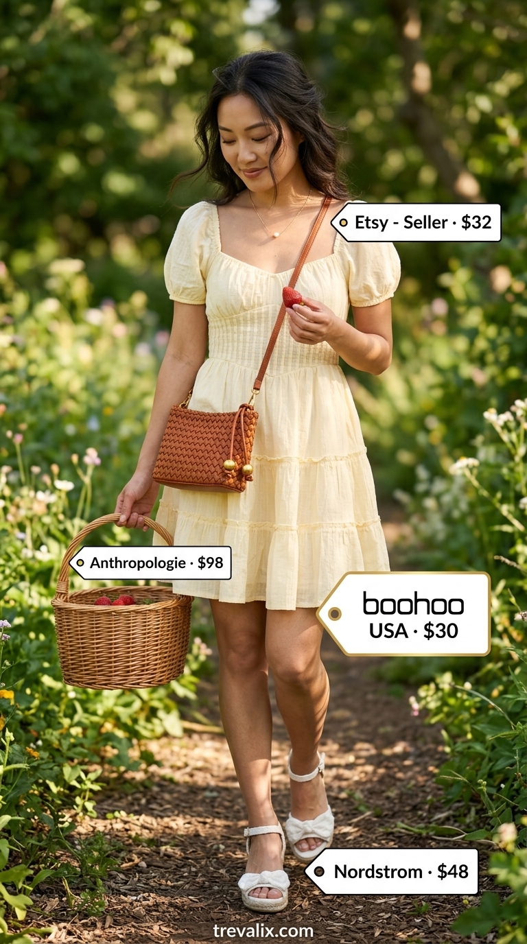 Hot summer cotton outfits for women 2026: Pastel yellow cotton mini dress, espadrilles, straw bag for sweet picnic.