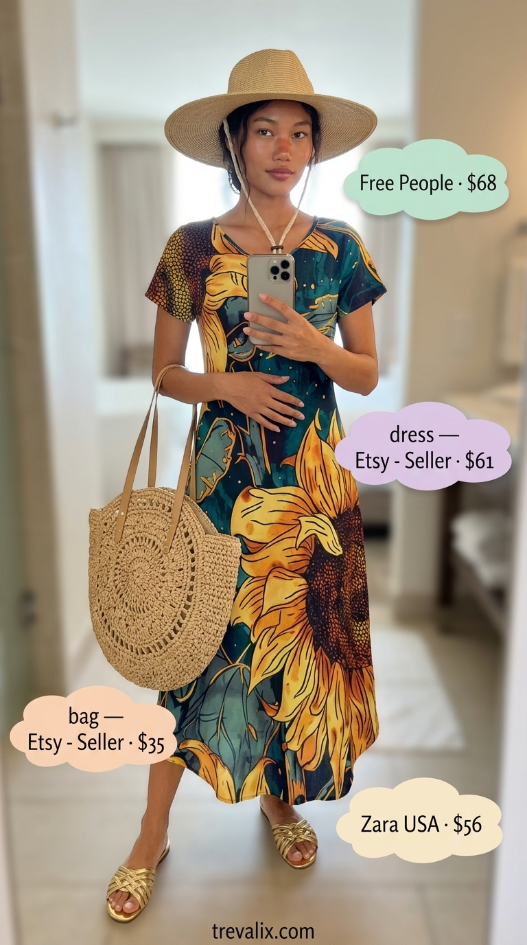 Hot summer cotton outfits for women 2026: Vibrant tropical cotton maxi dress, straw hat, gold sandals for beach vacation.