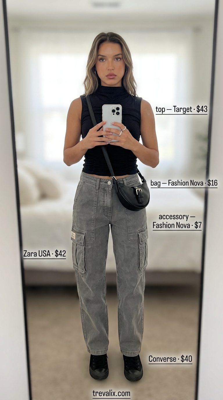 Hot summer cotton outfits for women 2026: Washed grey cotton cargo pants, black mock neck top, high-tops for urban exploring.