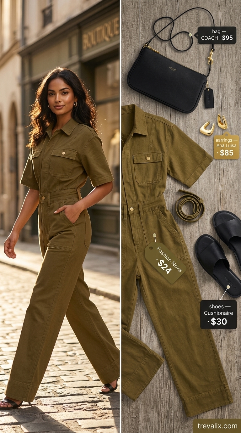 Hot summer cotton outfits for women 2026: Olive green utility jumpsuit, black sandals, gold jewelry for city exploration.