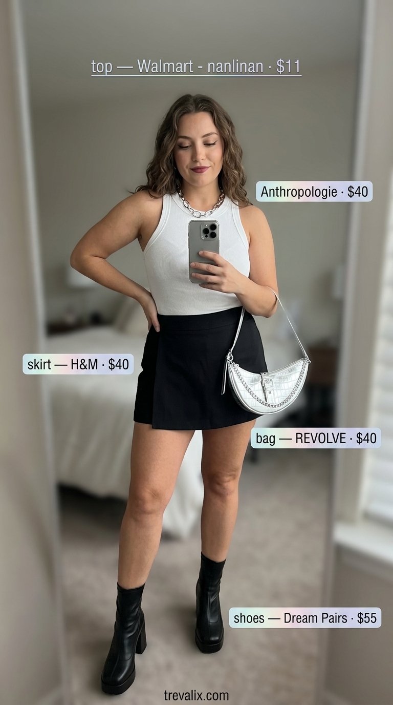 Hot summer cotton outfits for women 2026: Edgy black cotton twill mini skirt, white tank, silver chain, and chunky boots for a night out.