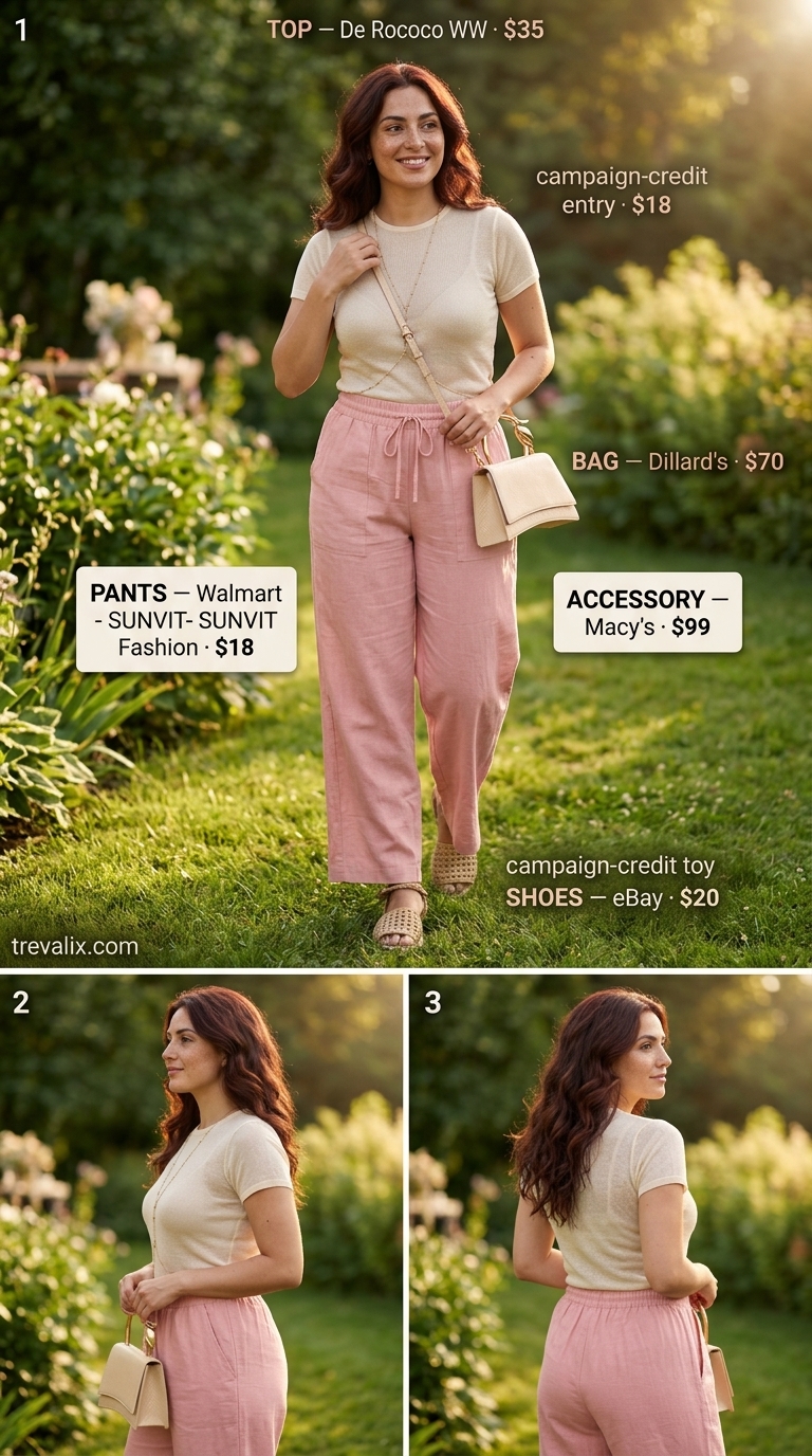 Hot summer cotton outfits for women 2026: Blush pink wide-leg cotton-linen pants, sheer cream top, and espadrilles for a lunch date.