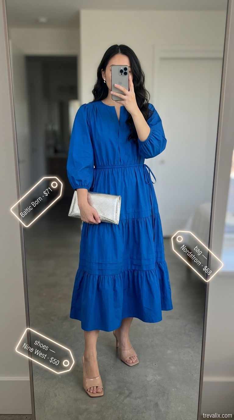 Hot summer cotton outfits for women 2026: Cobalt blue cotton poplin midi dress with silver clutch and nude mules for a summer dinner.