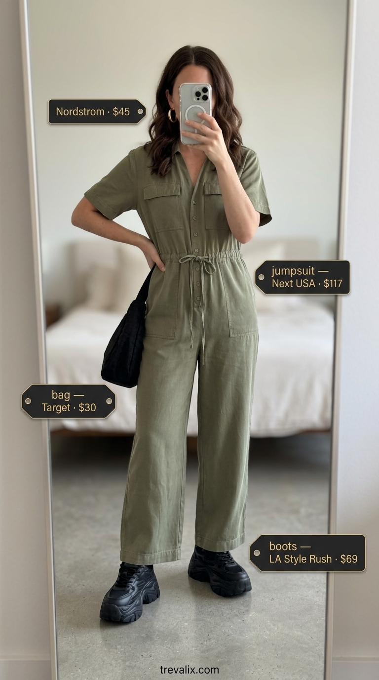 Hot summer cotton outfits for women 2026: Khaki green cotton utility jumpsuit with black sneakers and belt bag for a festival.