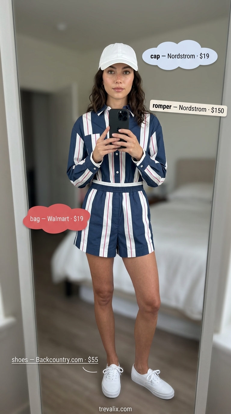 Hot summer cotton outfits for women 2026: Navy and white striped cotton romper with white sneakers and a red crossbody bag for a picnic.