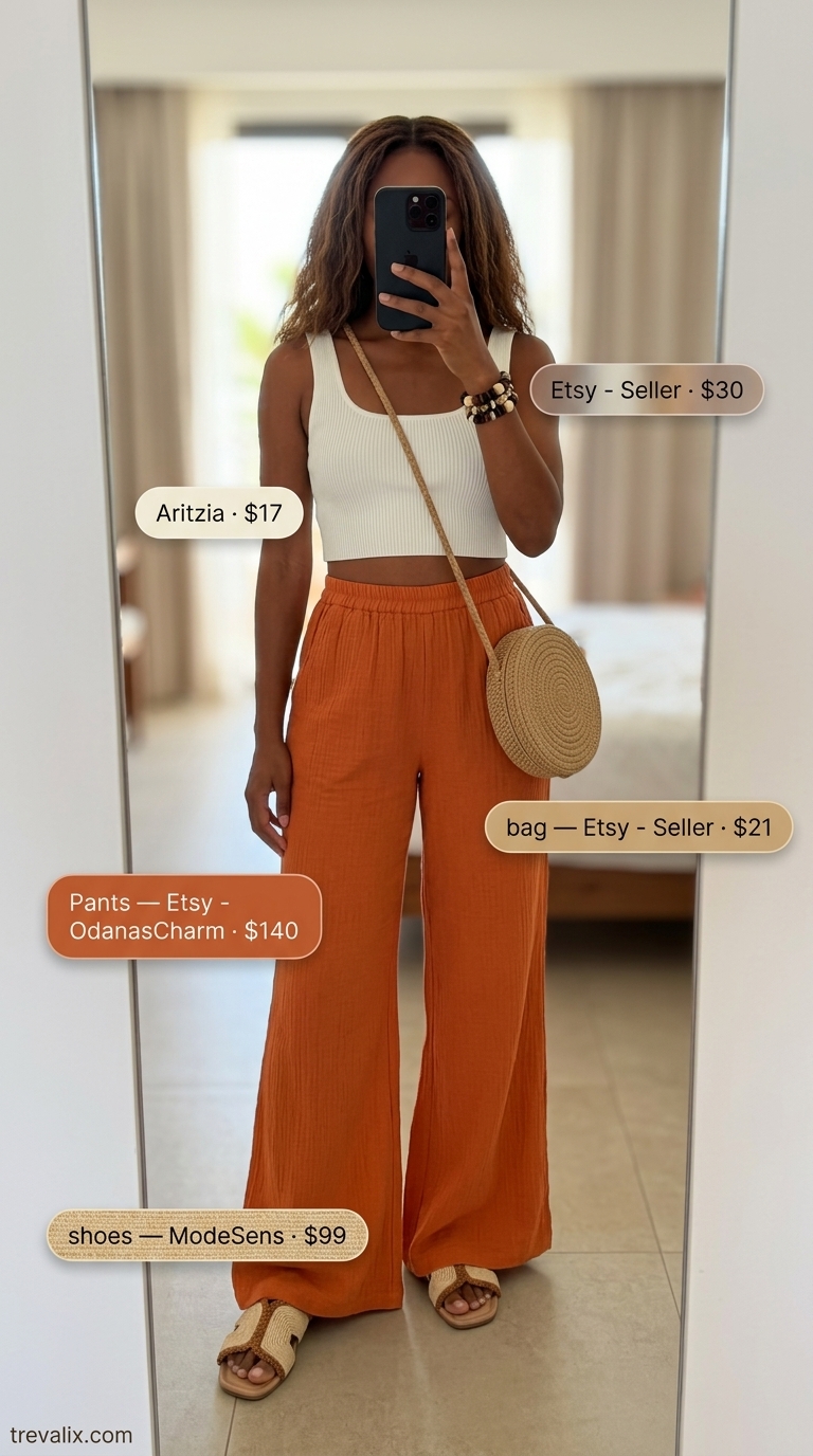 Hot summer cotton outfits for women 2026: Terracotta cotton gauze pants, cream crop top, and raffia slides for a vacation evening.