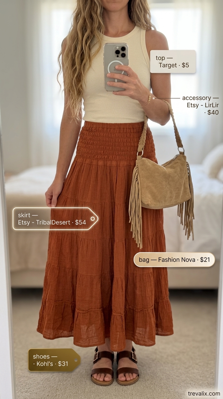 Boho Festival Skirt: Hot Weather Summer Outfits for Women 2026 Boho festival maxi skirt outfit for hot weather summer outfits for women 2026. Rust orange skirt, cream tank, espadrilles.