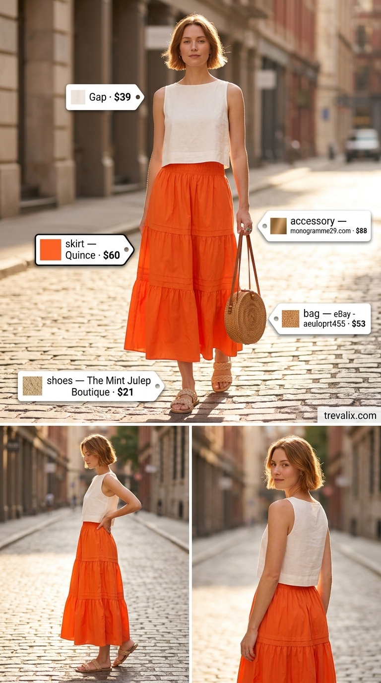 Boho Festival Style: Hot Weather Summer Outfits for Women 2026 Hot weather summer outfits for women 2026: Terracotta maxi skirt, ivory tank top, rattan bag for boho festival style.