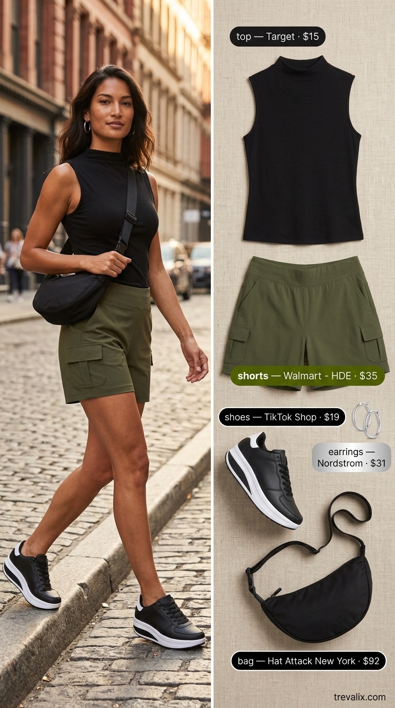 Urban Safari: Hot Weather Summer Outfits for Women 2026 Hot weather summer outfits for women 2026: Olive green cargo shorts, black ribbed top, chunky sneakers for urban safari.