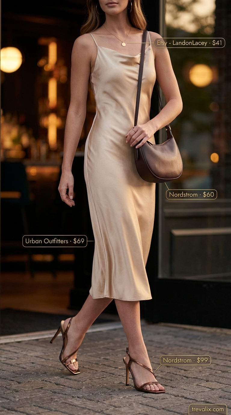 Champagne Slip Dress: Hot Weather Summer Outfits for Women 2026 Champagne slip dress for hot weather summer outfits for women 2026. Satin midi dress, bronze heels, shoulder bag.