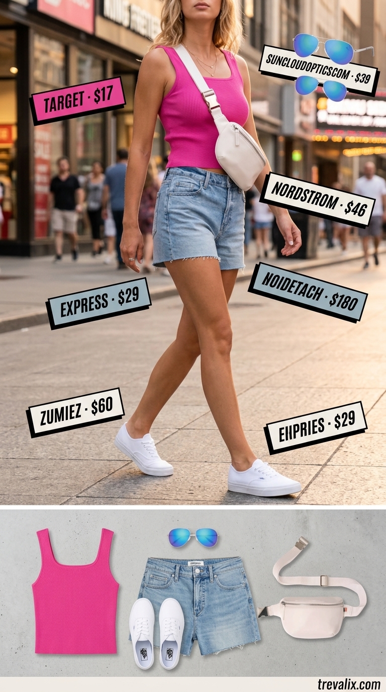 City Stroll Summer Outfits 2026 Hot weather summer outfits for women 2026: City Stroll Chic denim shorts, hot pink crop top, white sneakers & belt bag.