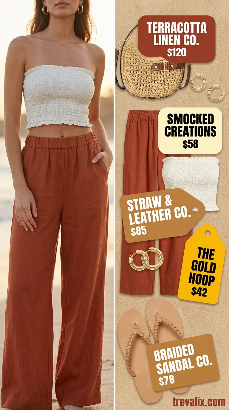 Coastal Linen Pants: Hot Weather Summer Outfits for Women 2026 Coastal linen pants outfit for hot weather summer outfits for women 2026. Terra cotta pants, cream top, straw bag.
