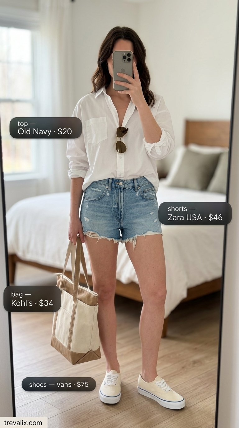 Denim Shorts: Hot Weather Summer Outfits for Women 2026 Denim shorts outfit for hot weather summer outfits for women 2026. Light wash shorts, white button-down, canvas tote.