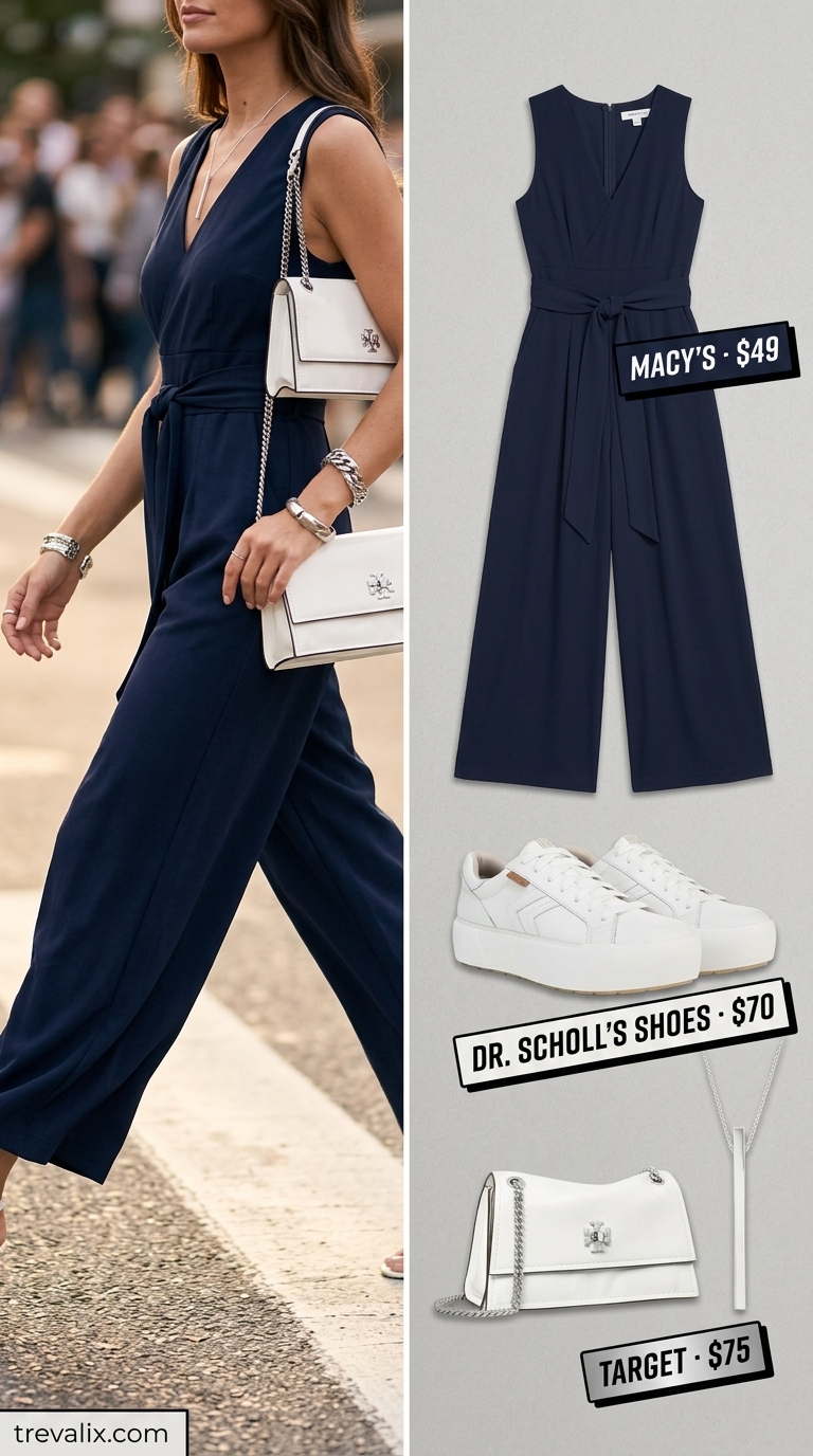 Effortless Travel Summer Outfits 2026 Hot weather summer outfits for women 2026: Effortless Travel navy jumpsuit, white sneakers, silver necklace.